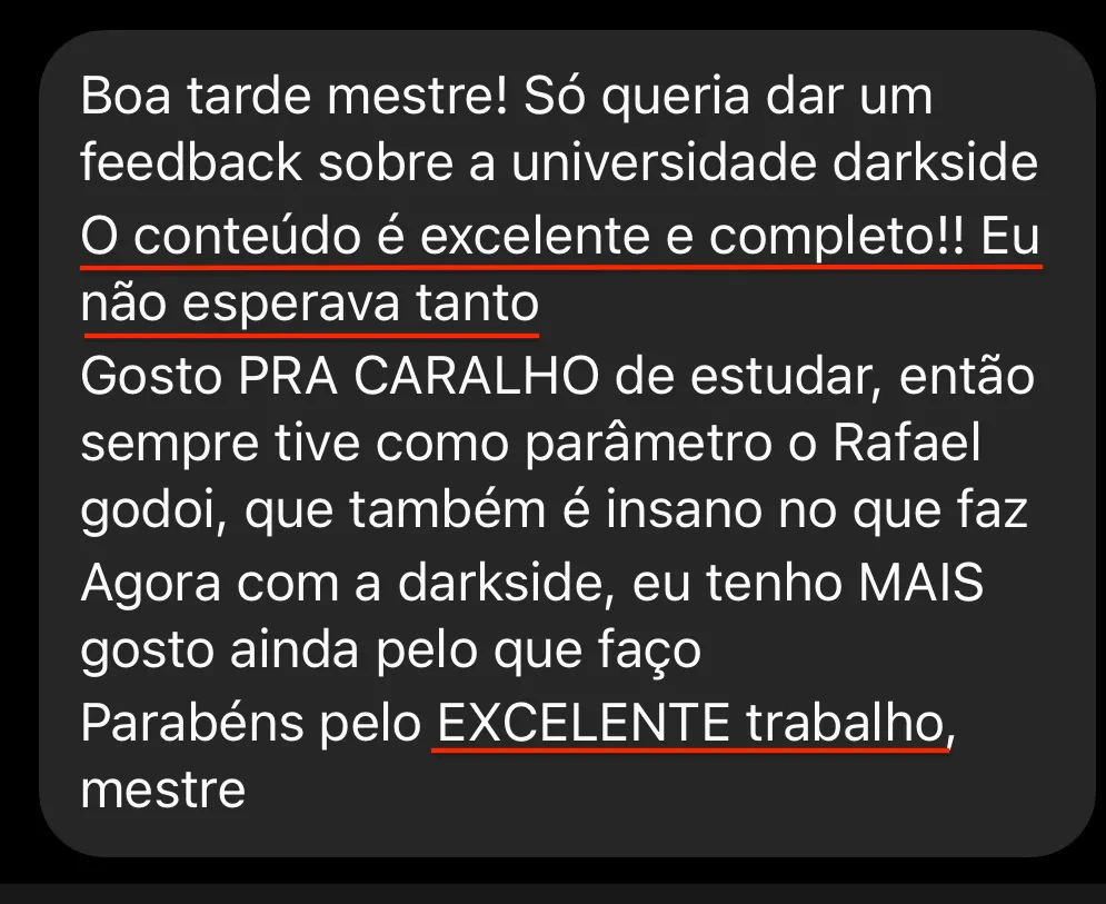 Aluno elogia o conteúdo completo da DARKSIDE