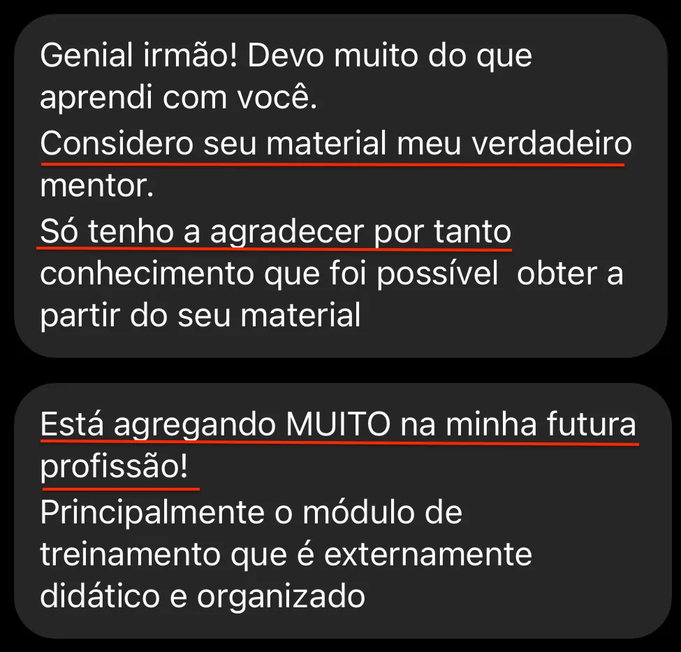 Aluno agradece pelo conhecimento e destaca o módulo de treinamento