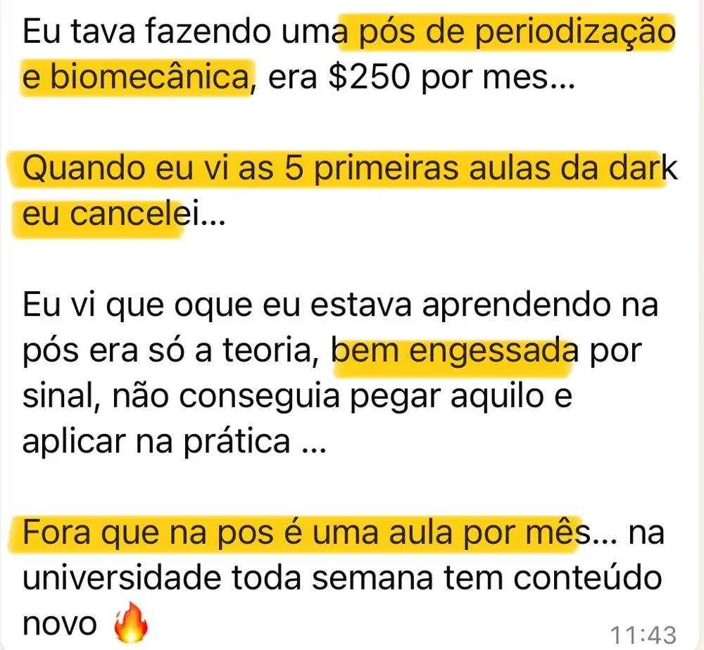 Aluno cancelou uma pós de periodização e biomecânica de US$250 por mês depois das primeiras aulas da DARKSIDE